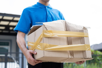 Delivery man Frightened with cardboard box damaged broken accident before delivering to customers...
