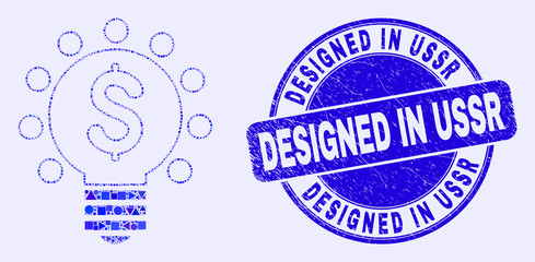 Geometric dollar light bulb mosaic pictogram and Designed in USSR seal. Blue vector rounded grunge seal with Designed in USSR message. Abstract mosaic of dollar light bulb done of round, triangles,