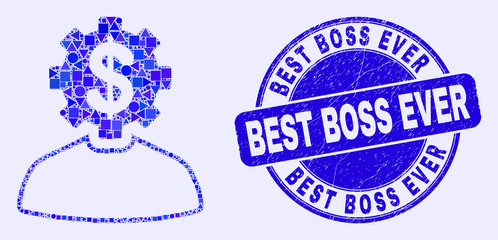 Geometric banker gear person mosaic pictogram and Best Boss Ever seal stamp. Blue vector rounded scratched seal with Best Boss Ever text. Abstract mosaic of banker gear person designed of spheric,