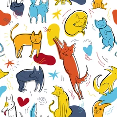 Sierkussen Naadloos vectorpatroon met leuke kleurenkatten en honden in verschillende poses en emoties © Shusha Guna