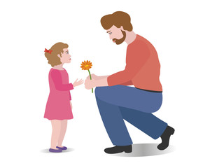 Father and little daughter with a flower isolated on white background. Happy father's day