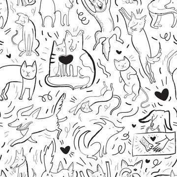 Seamless vector pattern with contour cats and dogs in different poses and emotions, best friends