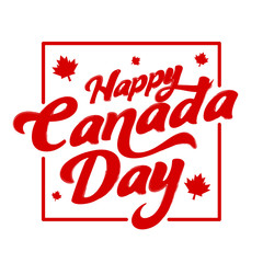 Happy Canada Day Calligraphy Written By Red Brush with Maple Leaves on White Background.