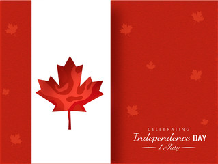 1st July Independence Day Celebrating Poster or Greeting Card with Paper Cut Maple Leaf on Red Foil Background.
