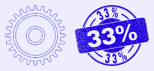 Obraz premium Geometric cog mosaic icon and 33% seal. Blue vector rounded scratched seal stamp with 33% phrase. Abstract mosaic of cog made of round, tringle, square geometric elements.