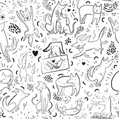 Seamless vector pattern with contour cats and dogs in different poses and emotions
