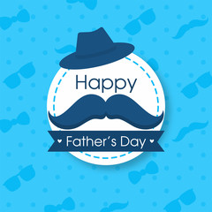 Happy Father's Day Badge with Mustache, Fedora Hat on Blue Dots Background.