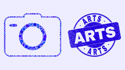 Geometric photo camera mosaic pictogram and Arts seal stamp. Blue vector round scratched seal stamp with Arts title. Abstract mosaic of photo camera constructed of sphere, triangles,
