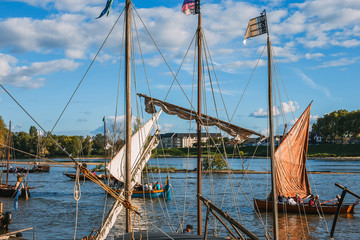 ORLEANS, FRANCE- SEPTEMBER 23 2015: Loire festival, wooden vintage river ships with sails