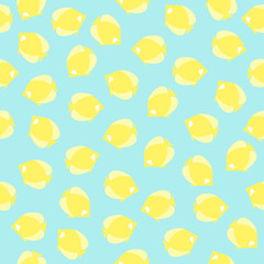 Repeating pattern with abstract yellow tropical fish on turquoise background