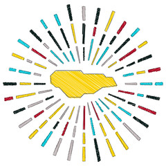 Sketch map of Buck Island Reef. Sunburst around the island in flag colors. Hand drawn Buck Island Reef shape with sun rays on white background. Vector illustration.