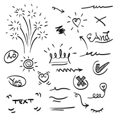 Vector hand drawn. doodles collection of curly arrow. swishes, swoops, swirl, heart, love, crown, firework, highlight text and emphasis element, use for concept design
