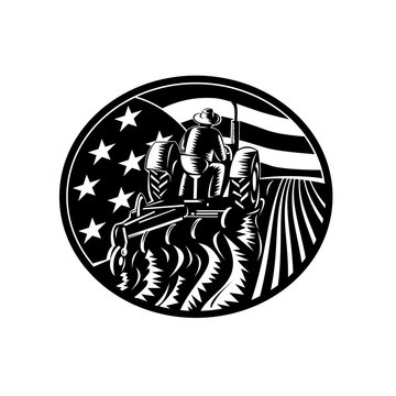 recommend clip art: American Organic Farmer Driving Vintage Farm Tractor USA Flag Retro Monochrome