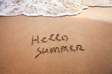 hello summer, text on sand beach