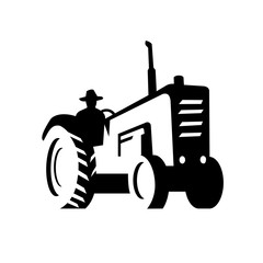 Organic Farmer Driving Vintage Farm Tractor Silhouette Retro Monochrome