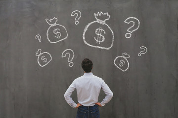 investment concept, money for startup, fundraising, business man looking at dollar bags drawn by...