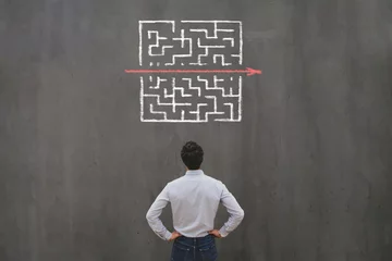 Foto op Canvas simple easy fast solution concept, problem solving, business man thinking about exit from complex labyrinth maze © Song_about_summer