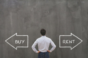 buy or rent choice, real estate concept,  businessman making decision - obrazy, fototapety, plakaty