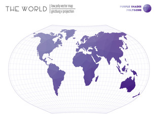 Polygonal map of the world. Ginzburg V projection of the world. Purple Shades colored polygons. Beautiful vector illustration.