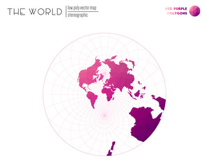 World map in polygonal style. Stereographic of the world. Red Purple colored polygons. Stylish vector illustration.