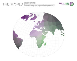 Abstract world map. Modified stereographic projection for Europe and Africa of the world. Purple Green colored polygons. Amazing vector illustration.