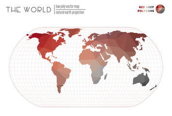 Triangular mesh of the world. Natural Earth projection of the world. Red Grey colored polygons. Awesome vector illustration.