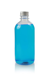 Blue alcohol bottle for cleaning on a white background