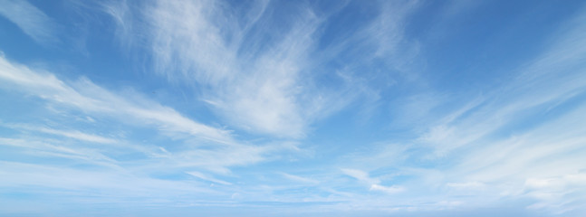 Blue sky with beautiful wispy clouds. Panoramic background. - Powered by Adobe