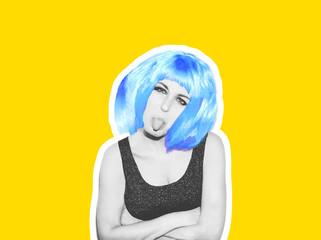 Beautiful sexy hipster girl in a bright blue wig. The face of an angry girl shows tongue and finger gestures. Black and white image. Collage yellow background.