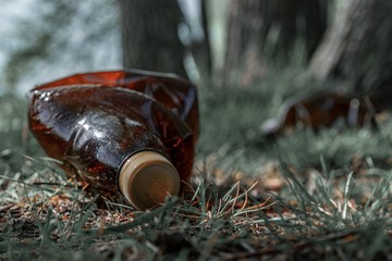 Obraz premium Environmental concept. Forest with trash, plastic rubbish. garbage waste in environment woodland. Ecological problem with Empty used dirty plastic bottles.