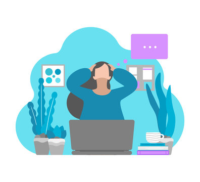 Vector Flat Concept. Tired Freelancer Is On Remote Work And Has Difficulties To Keep Mental Health. Depressed Mood And Professional Burnout, Big Emotional Stress And Anxiety In Isolation At Home