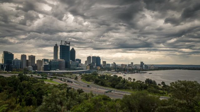 Panning  time lapse of a storm cloud rolling over Perth City in Western Australia.
