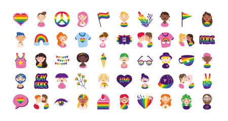 bundle of gay pride icons and people hand draw style
