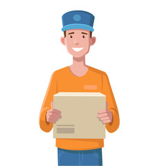 A young delivery man in uniform is staying with box. White background. Vector illustration.