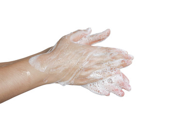 Fototapeta premium Wash your hands with soap and rub your palms together.