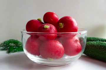 Side view of radishes in a glass bowl with cucumbers and dill in the background