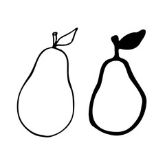 Pear with stem and leaf. Hand drawn outline doodle icon. Transparent isolated on white background. Vector illustration for greeting cards, posters, patches, prints for clothes, emblems.