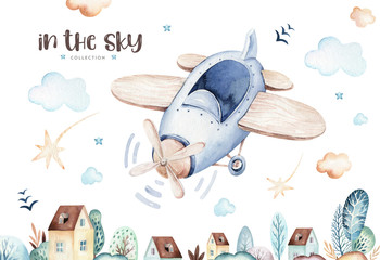 Ensemble aquarelle bébé dessin animé mignon pilote aviation arrière-plan illustration de transport de ciel fantaisie avec ballons d& 39 avions, nuages. modèle garçon enfantin. C& 39 est une illustration de douche de bébé
