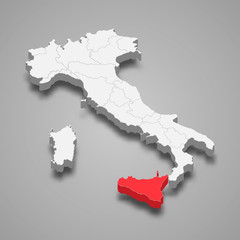 Sicily region location within Italy 3d map Template for your design