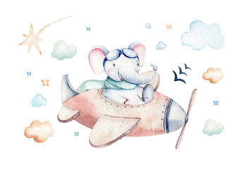 Naklejki  Akwarela zestaw kreskówka dla dzieci ładny pilot lotnictwa tło ilustracja fantazyjnego transportu nieba wraz z samolotami balony, chmury. dziecinny wzór chłopca. To ilustracja z baby shower