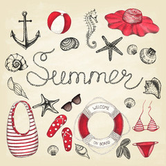 Summer set. Hand drawn retro icons summer beach set on a grunge paper background. Vintage style. Vector illustration.