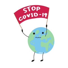 concept art of coronavirus disease with stop COVID-19 slogan and earth planet as character, editable vector illustration	

