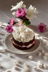 Freshly baked homemade chocolate cake with cream cheese and cherry and marshmallow on top.