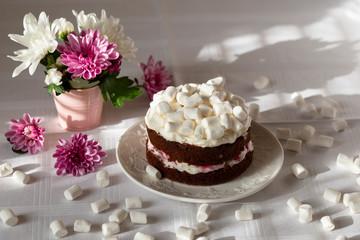 Freshly baked homemade chocolate cake with cream cheese and cherry and marshmallow on top.