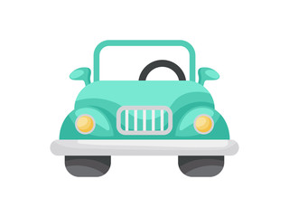 Green cartoon car front view isolated on white background, colorful automobile flat style, simple design. Flat cartoon colorful vector illustration.