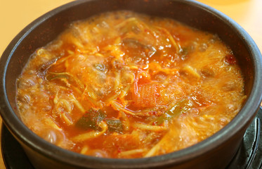 Closeup a Pot of Korean Hot and Spicy Kimchi Stew or Kimchi Jjigae