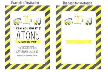 Invitation card Birthday  with Construction truks. Construction party. Baby Shower invitation Construction truks