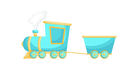 Turquoise-yellow cartoon train for children isolated on white background, colorful train in flat style, simple design. Flat cartoon colorful vector illustration.