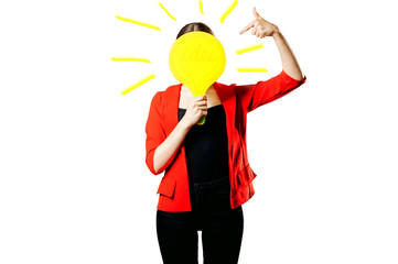 girl in a red jacket isolate on a white background, idea of a light bulb instead of a head.