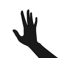 Black isolated open hand on white background. Silhouette of hand. Flat design. Sign stop.